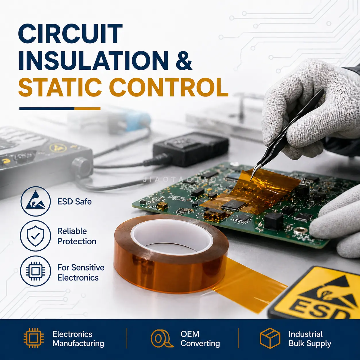 ESD PI film tape for PCB masking, circuit insulation, and anti-static process protection.